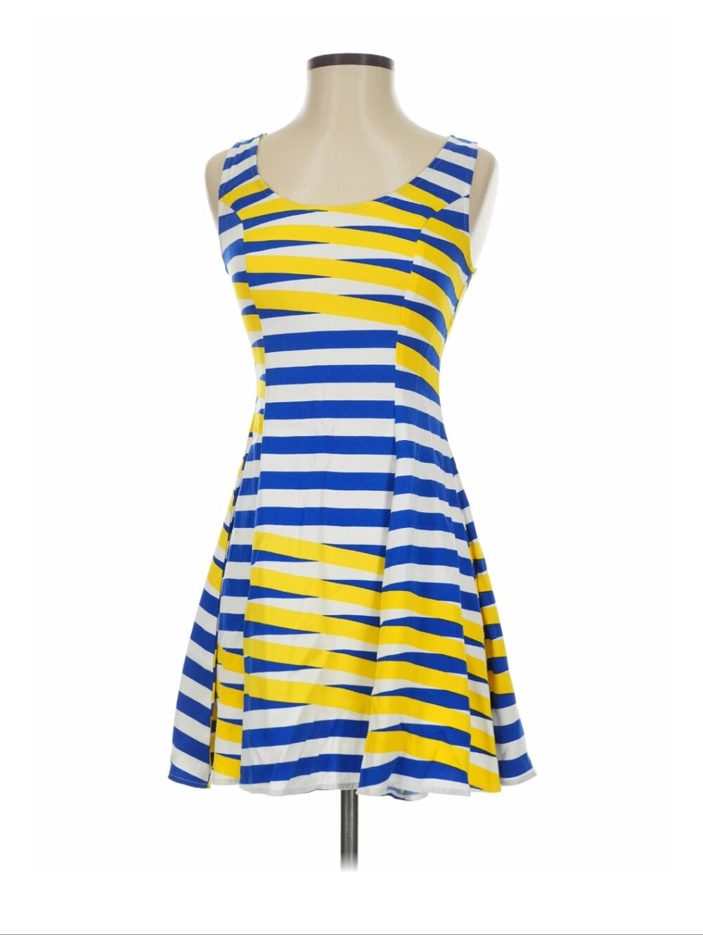 Dusen Dusen Size 2 Blue Yellow White Geometric Stripe Sleeveless Fit Flare Dress